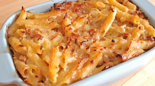 Gratin de pâtes roquefort poires noix miel